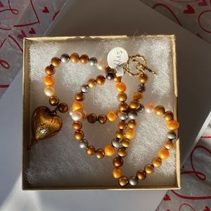 16” Freshwater PEARL+Venetian GLASS HEART NECKLACE w/gold-filled CICU